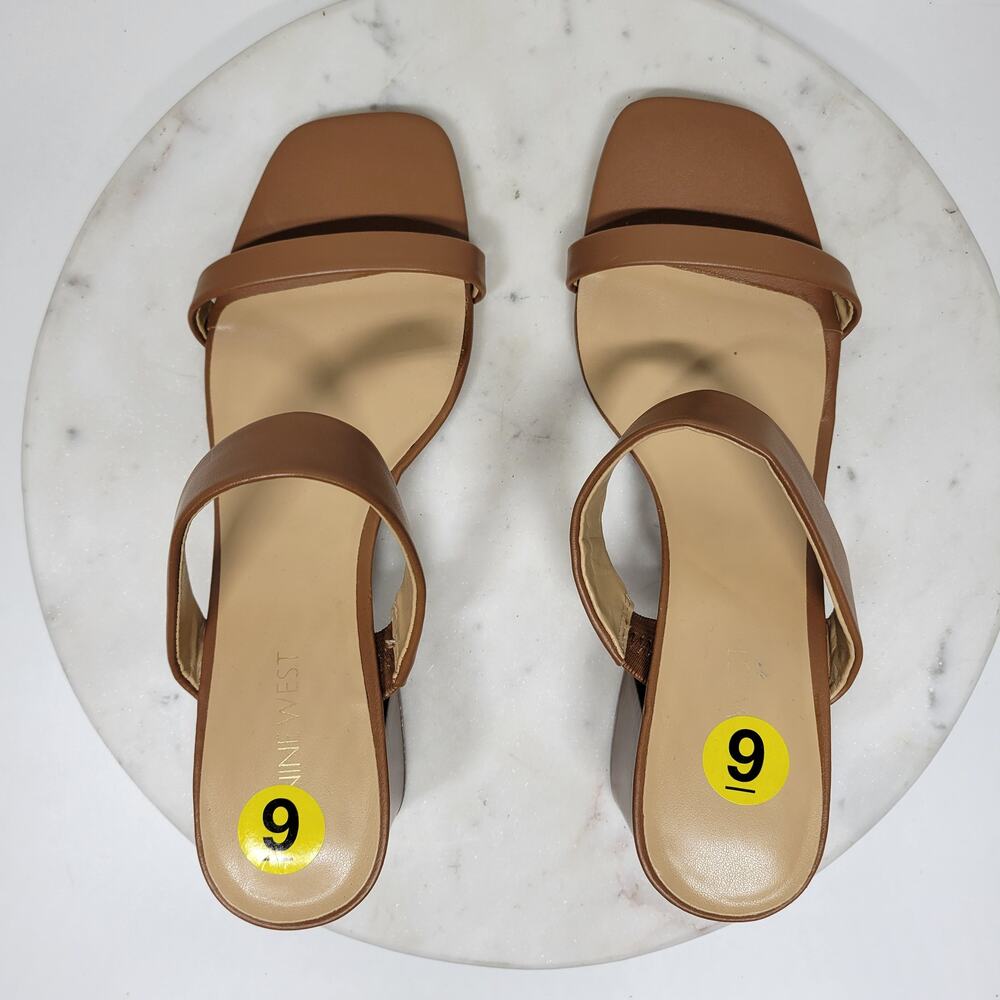 Nine West Gamer Strappy Sandals Womens 9 Brown Open Toe Slip On Block Heels New - Picture 4 of 14
